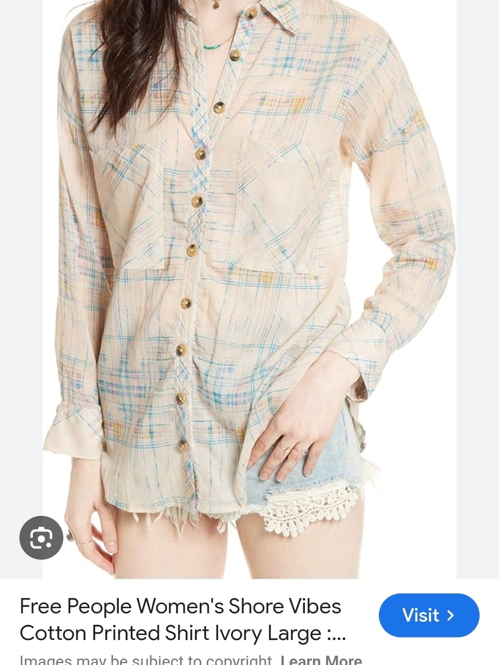 Free People Shore Vibes Ivory Plaid Print Oversized Button-Down Shirt